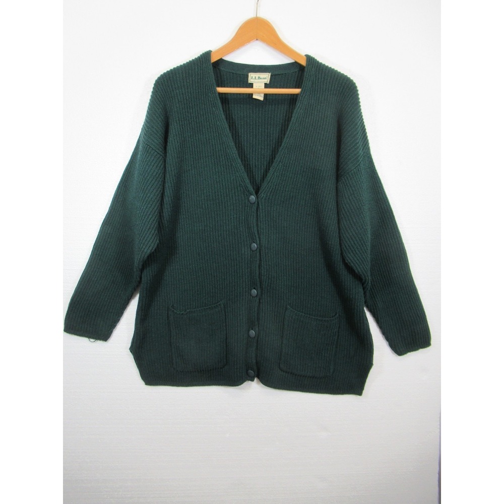 Vintage 90s LL Bean Cardigan Sweater Women Large Green Pockets Linen Cotton